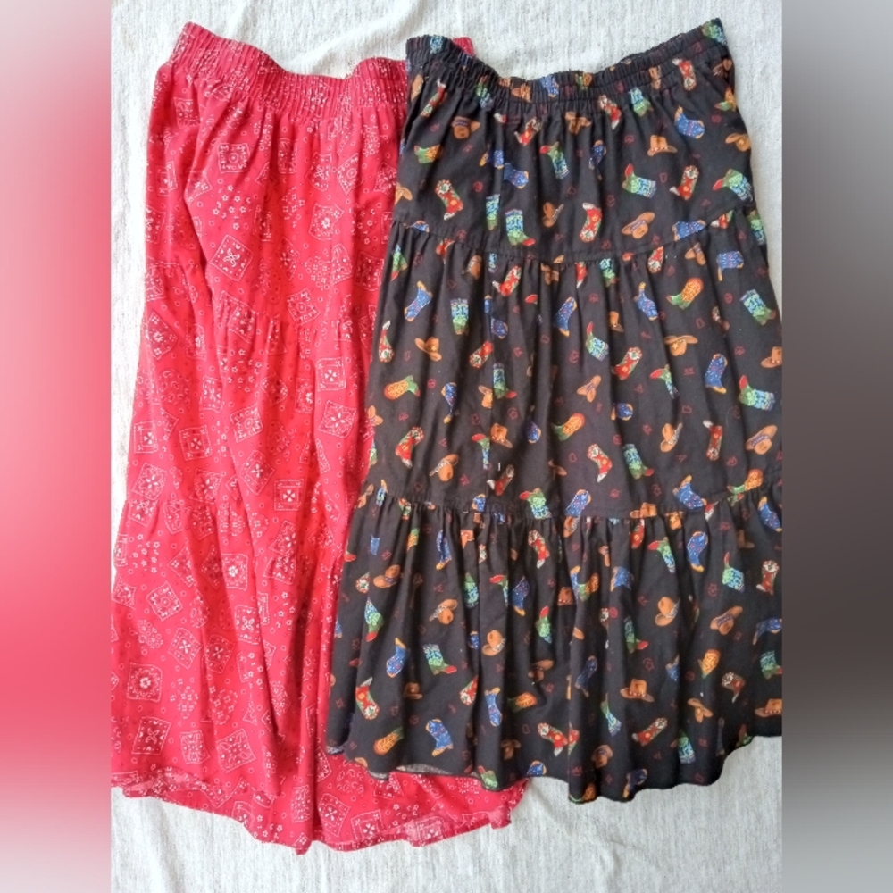 Vintage Western Print Tiered Midi Skirts